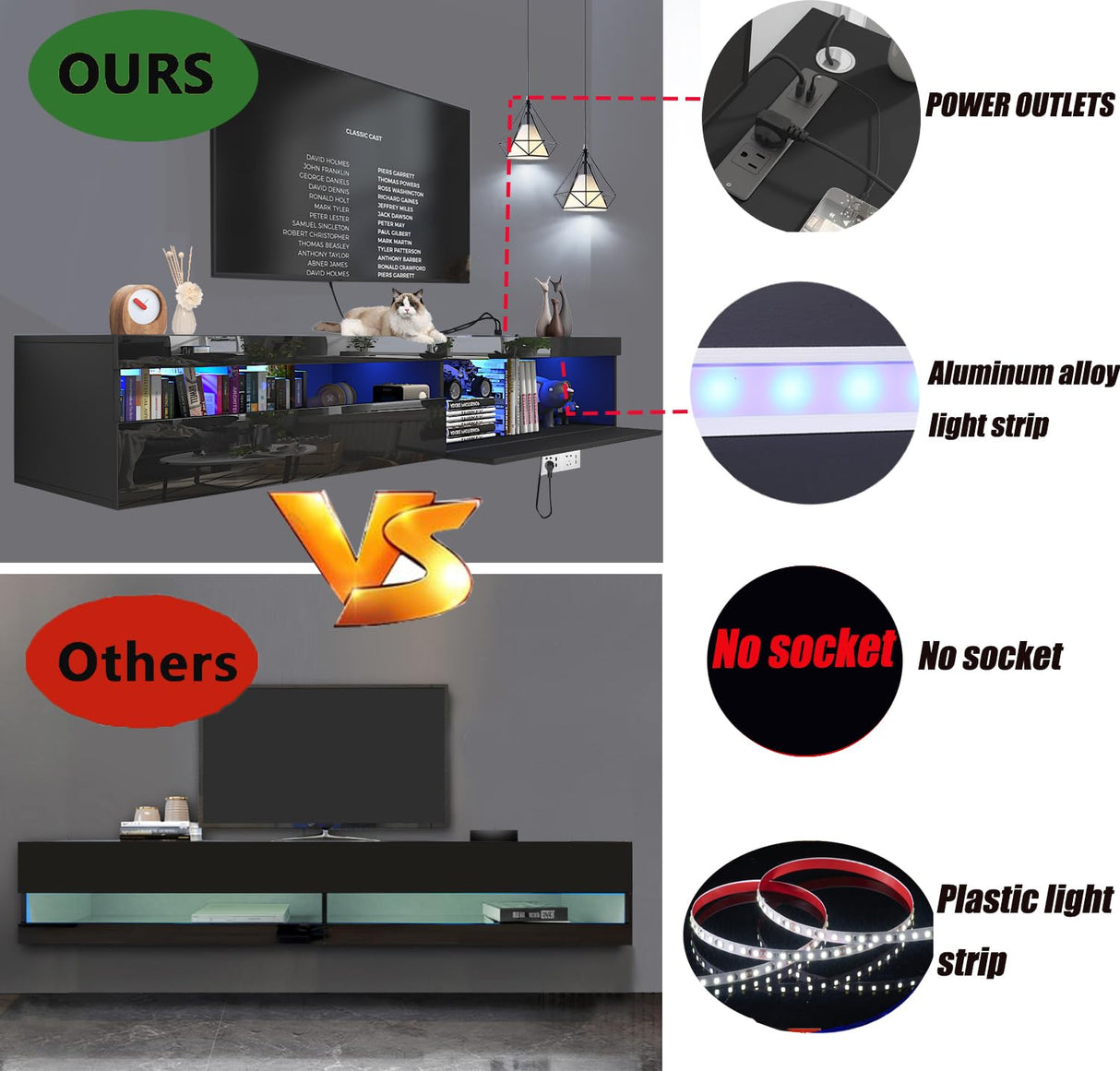 wuleen Floating TV Stand, 71" Floating Entertainment Center Wall Mounted,Floating Wall Mounted TV Shelf with Led Lights and Power Outlet,Modern High Gloss tv Cabinet Media Console with Storage wuleen