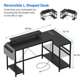 ElectraSpeedy 49" L Shaped Desk with Power Outlet & LED Lights, Reversible Corner Computer Desk with Storage Shelves & Monitor Stand, Home Office Desk for Gaming Writing Study (Black) ElectraSpeedy