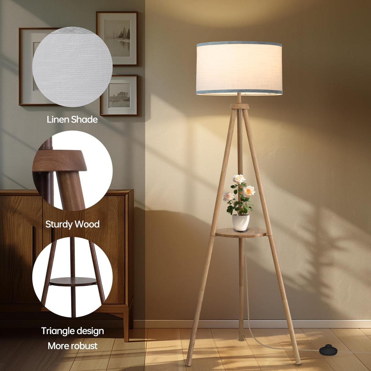 EOEYYOYB Floor Lamp with 3 Light Modes Adjustable– Wood Tripod Floor Lamp Modern LED Standing Lamp with Dimmable Brightness, Perfect for Living Room, Bedroom, and Office, Burlywood EOEYYOYB