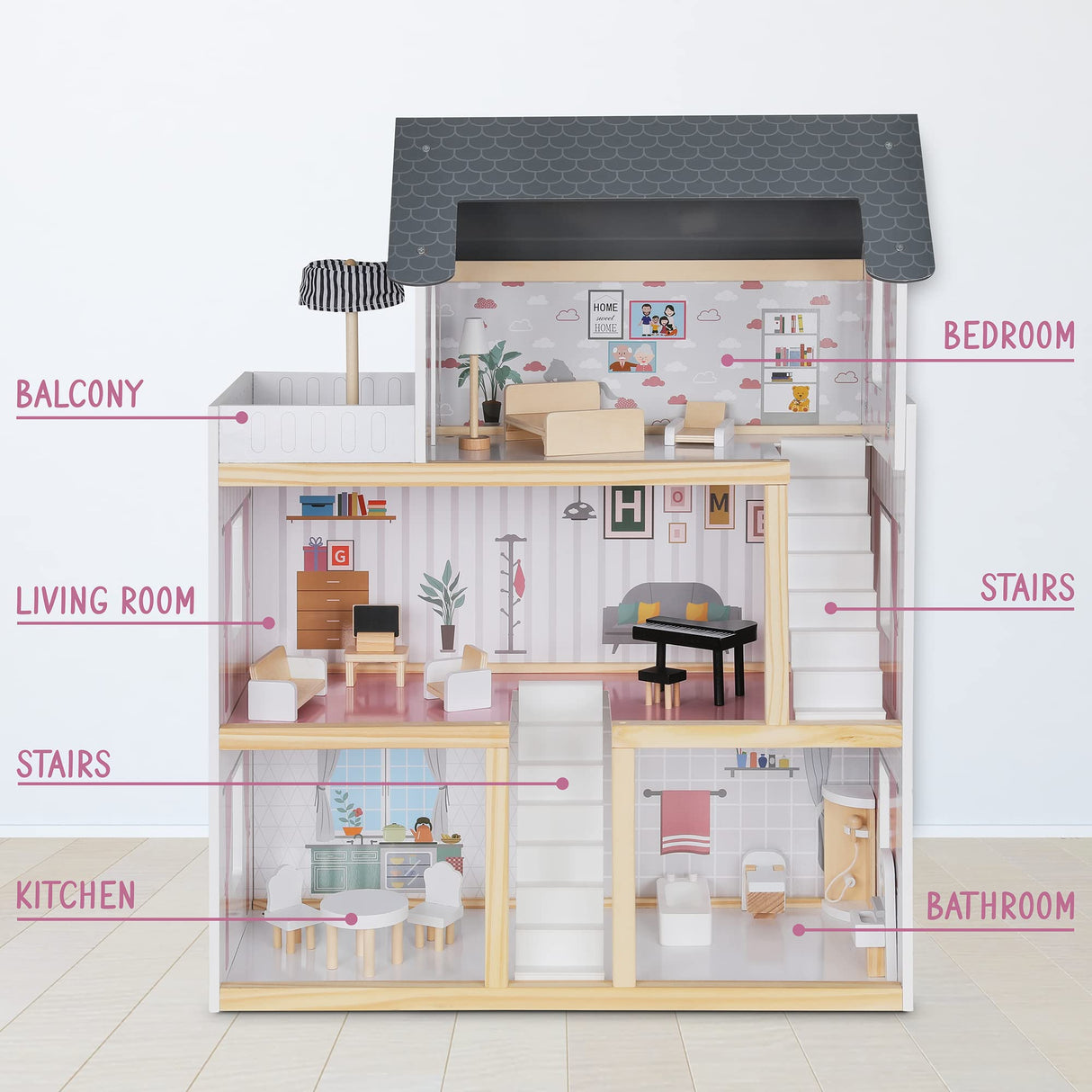 Lil' Jumbl Jumbl Kids Wooden Dollhouse, 17-Piece Accessories & Furniture are Included, with Balcony & Stairs, 3 Story Easy to Assemble Doll House Toy Lil' Jumbl