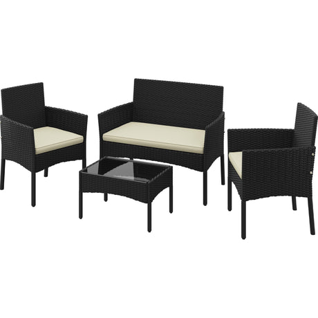 Yaheetech Patio Furniture Set 4 Pieces Conversation Sets, Rattan Chair Wicker Set Loveseat with Soft Cushion and Glass Table for Backyard Porch Garden Poolside Balcony, Black and Beige Yaheetech