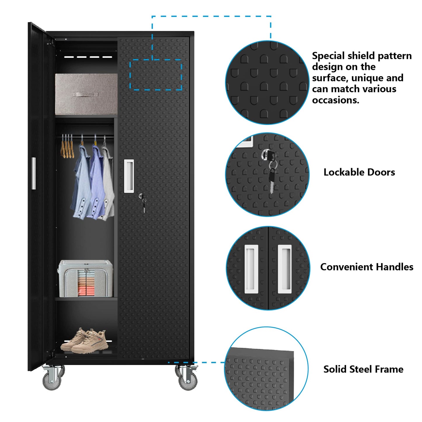 Metal Storage Cabinets Locker for Home Office, 72" Garage Storage Cabinet with Wheels, Lockable Doors and Shelves, Steel Wardrobe Cabinet with - WoodArtSupply