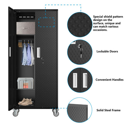 Metal Storage Cabinets Locker for Home Office, 72" Garage Storage Cabinet with Wheels, Lockable Doors and Shelves, Steel Wardrobe Cabinet with - WoodArtSupply