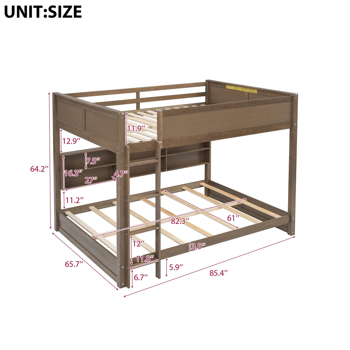 Wood Bunk Bed Queen over Queen Size with Built-in Storage Cabinets and USB Ports, Versatile Bunk Bed Frame with Ladder and Guardrail for Kids Teens Adult, Maximize Space (Antique Wood-9.30)