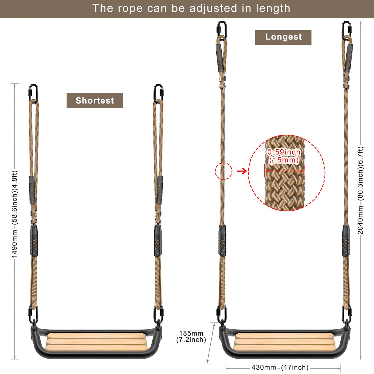 SELEWARE Hanging Wood Swing Seat Tree Swing for Kids, 100% Polyester Weather Proof Rope Heavy Duty Steel Tubing Structure Backyard Swing Set Replacement SELEWARE