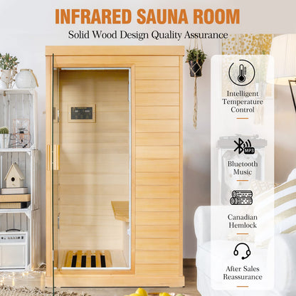 OUTEXER Far Infrared Sauna Home Sauna Spa Room Low-EMF Canadian Hemlock Wood 800W Indoor Saunas with Control Panel and Tempered Glass Door, Room:35.2 * 27.6 * 61.6Inch