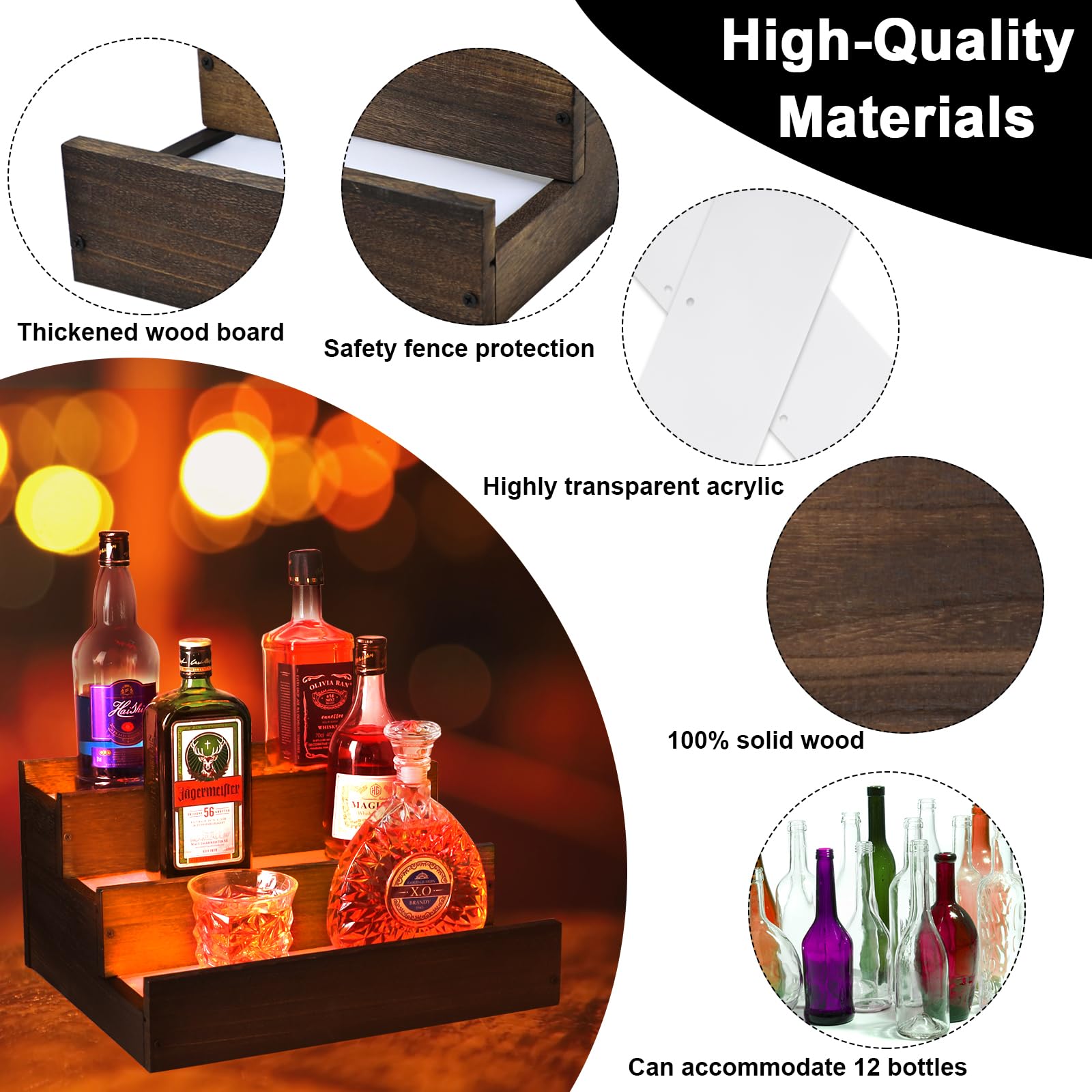 Lighted Liquor Bottle Display Shelf with Fences, 3 Step Wood Bar Shelves with Acrylic, Illuminated Whiskey Rack Liquor Stand with Remotes Control & App Control for Home Bar & Party (12 bottle - WoodArtSupply