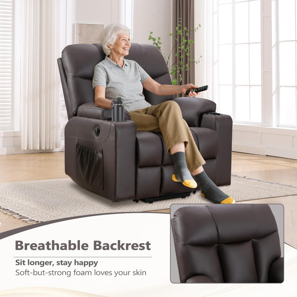 ANJ Brown Power Lift Recliner Chair for Elderly with Heat & Massage, Faux Leather Electric Recliner Sofa with Cup Holders, USB Port & Side Pockets, Heavy Duty Reclining Chair for Seniors ANJ