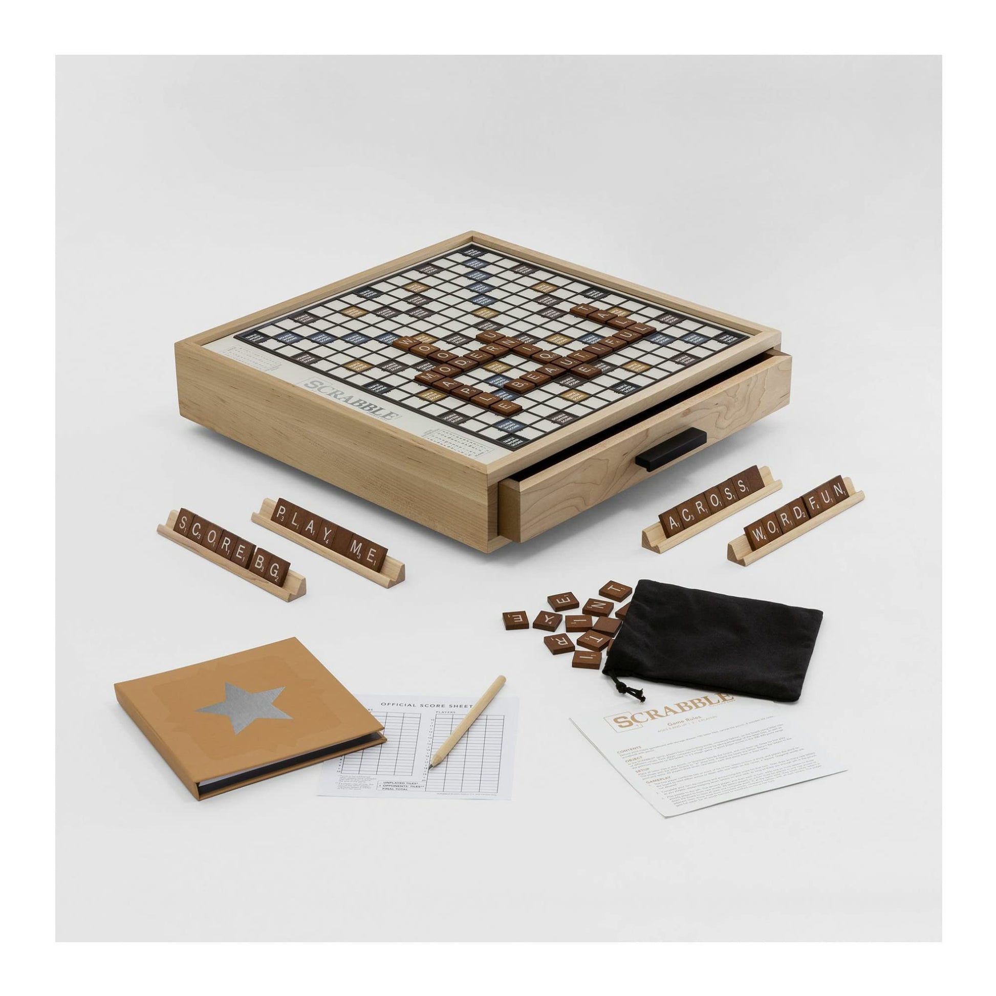 WS Game Company Scrabble Luxe Maple Edition with Rotating Solid Wood Cabinet - WoodArtSupply