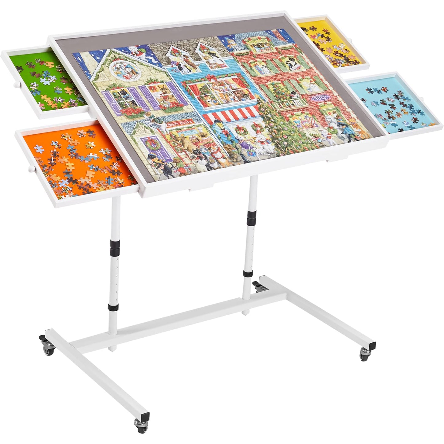 1000 Piece Tilting Jigsaw Puzzle Board with Drawers and Cover, Movable Jigsaw Puzzle Table with Wheels for Adults, Angle and Height Adjustable, 30''x22'' Velvet-Lined Tabletop and Color-Coded Drawers