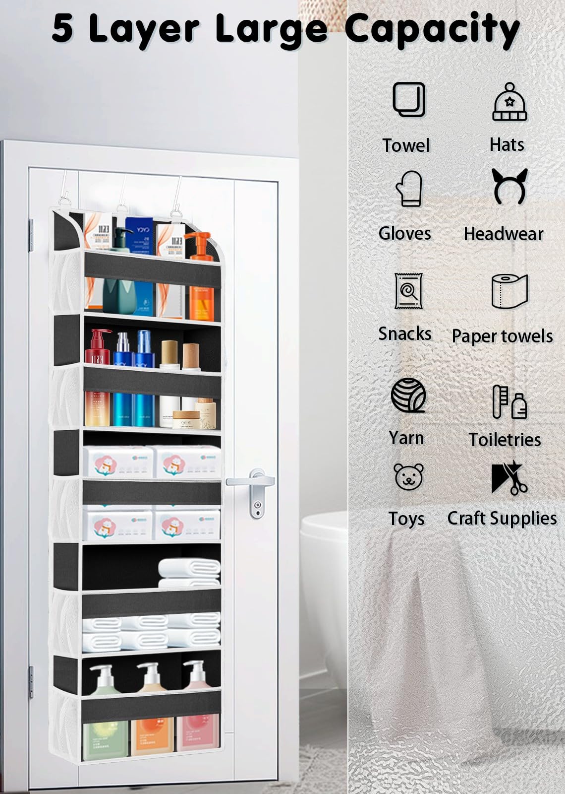 TAHAVICE 1 Pack Over The Door Organizer, Bathroom Organizers and Storage with 5 Pockets 10 Mesh Pockets, 50 lbs Weight Capacity Stuffed Animal Storage for Nursery Newborn Baby Essential TAHAVICE