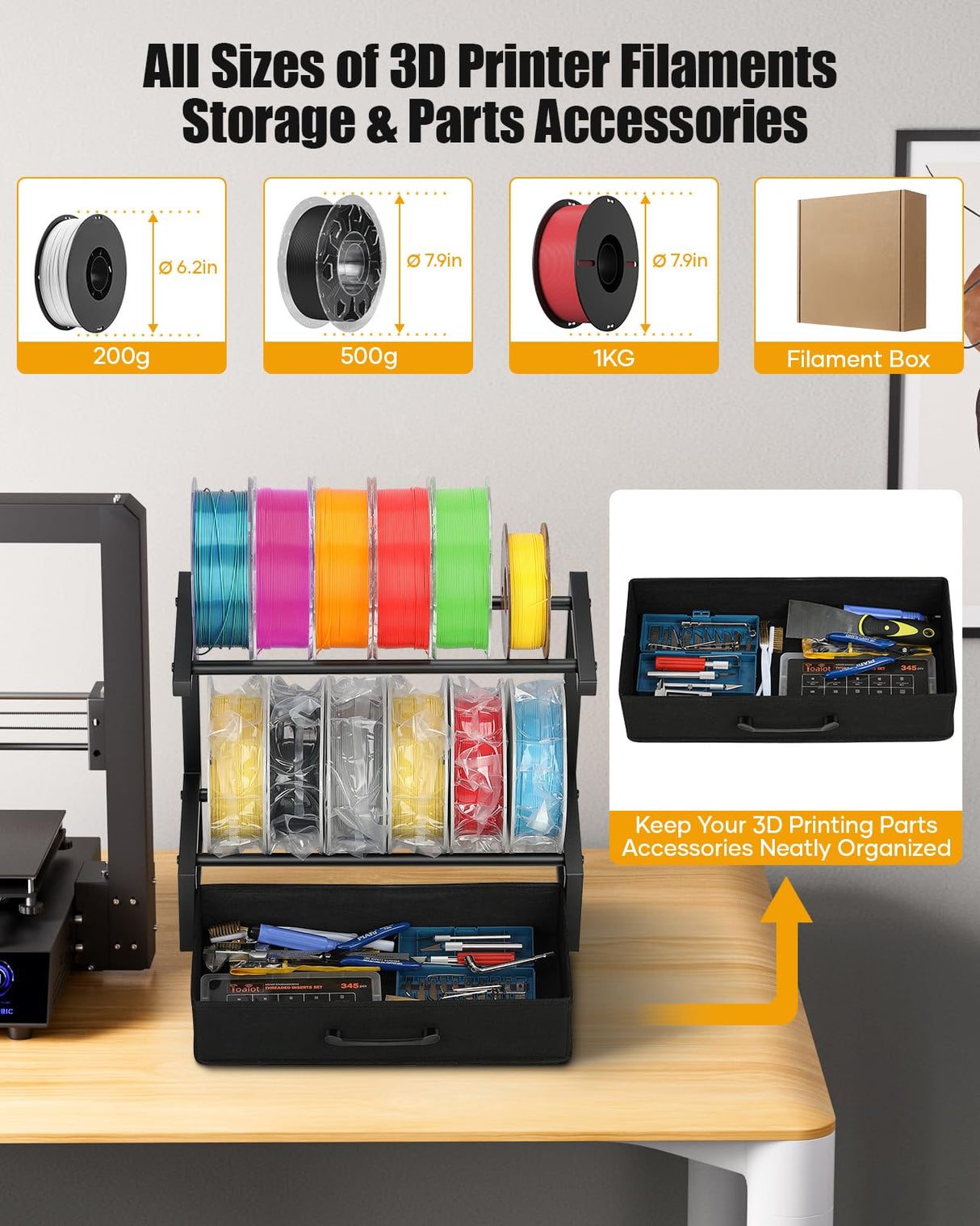 2-Tier Desktop Filament Storage Rack with Fabric Drawer - 3D Printer Filament Spools Holder Shelf for PLA/ABS/TPU Filaments, Tabletop Organizer for Home Office, Workshop Studio (Black Single Row) Rackgolfic