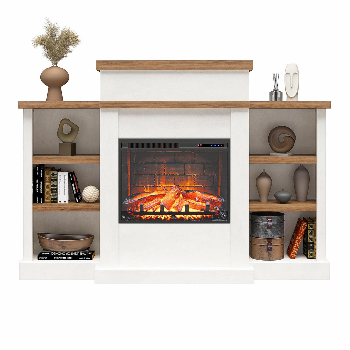 Ameriwood Home Gateswood 64 Inch Electric Fireplace with Mantel, Replaceable Fireplace Insert Heater, Shelves, Remote Control, Timer, Realistic Log and Flame Effect, Plaster Ameriwood Home
