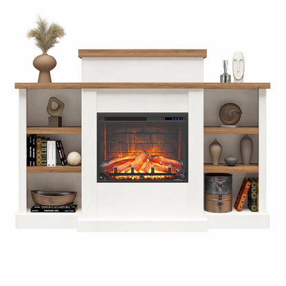 Ameriwood Home Gateswood 64 Inch Electric Fireplace with Mantel, Replaceable Fireplace Insert Heater, Shelves, Remote Control, Timer, Realistic Log and Flame Effect, Plaster