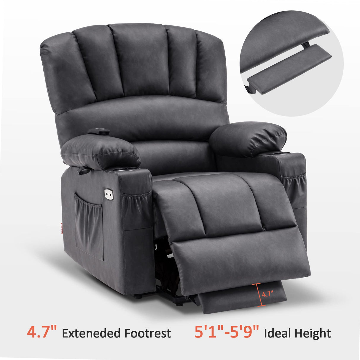MCombo Power Lift Recliner Chair for Elderly, Lift Chair with Heat and Massage, USB &Type C Ports, Cup Holders, Faux Leather 7095 (Medium, Grey) MCombo
