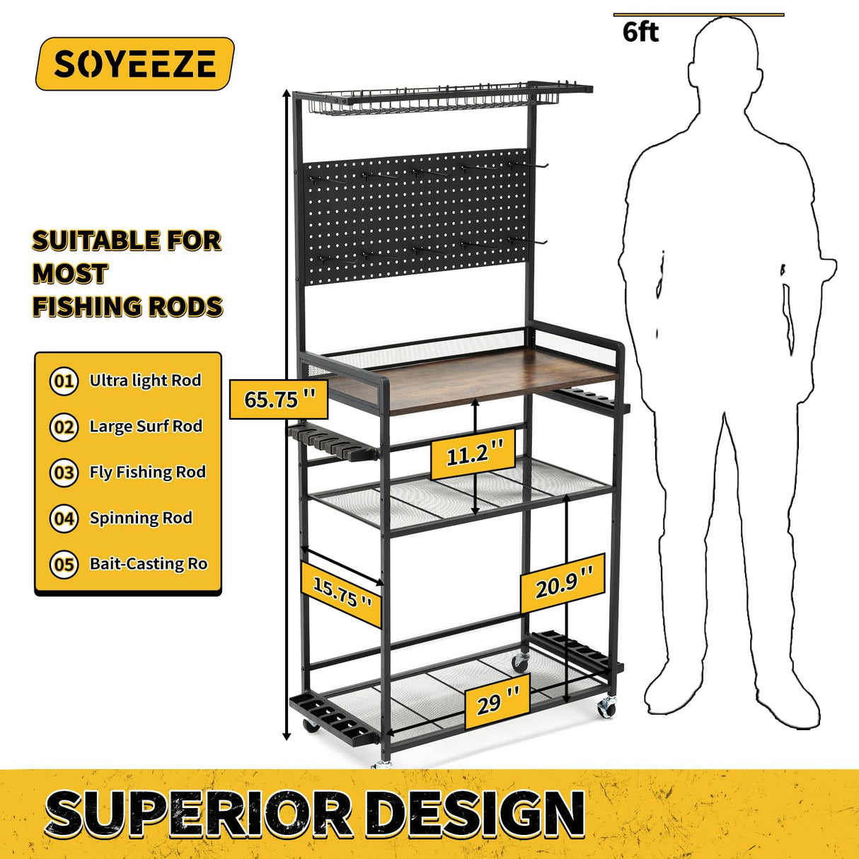 SOYEEZE Large Size Fishing Rod Holders for Garage, Heavy Duty 4-Tier Fishing Pole Rack Holds up to 12 Rods with Pegboard and Hooks, Fishing Gear Organizer, Fishing Storage Cart with Lockable Wheels SOYEEZE