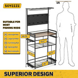 SOYEEZE Large Size Fishing Rod Holders for Garage, Heavy Duty 4-Tier Fishing Pole Rack Holds up to 12 Rods with Pegboard and Hooks, Fishing Gear Organizer, Fishing Storage Cart with Lockable Wheels SOYEEZE