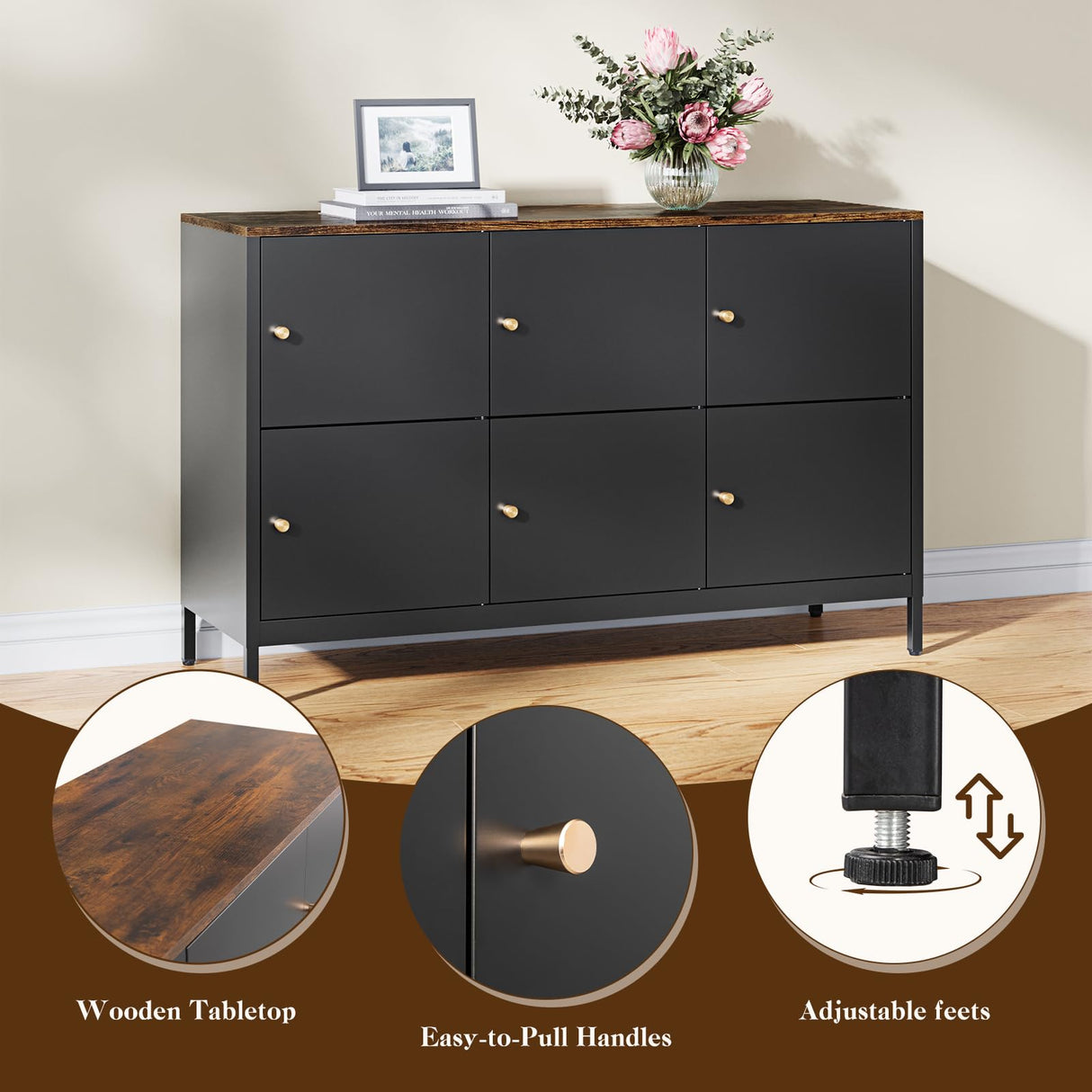 Letaya 6 Door Metal Storage Cabinet with Adjustable Shelf,Black Metal Locker Accent Storage Cabinet for Office,Music Studio,Entryway and Hallway Letaya