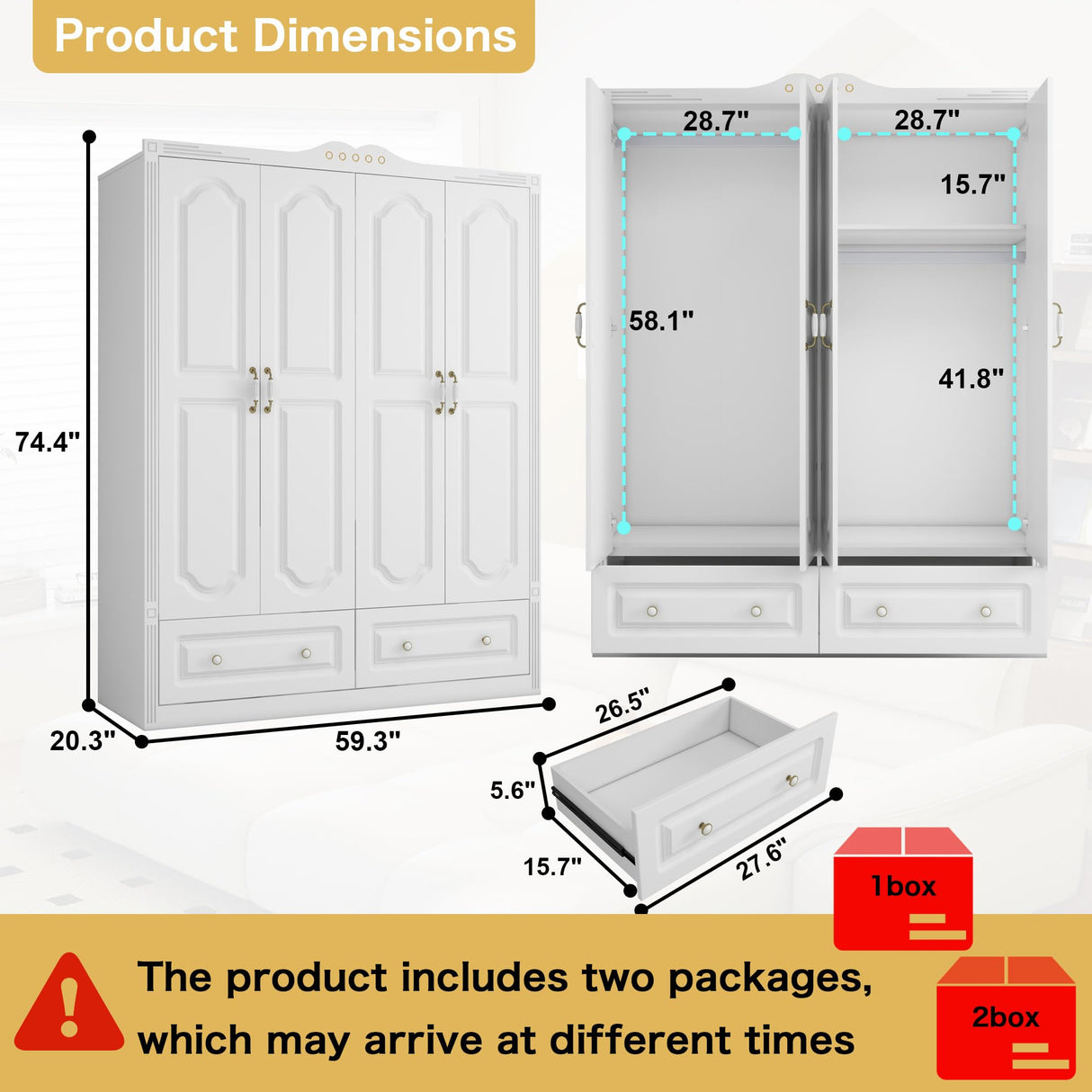 LABROSKIA White Armoire Wardrobe Closet with Drawers: 74" Large Wardrobe Closet with 4 Doors and 2 Drawers, Bedroom Armoires with Hanging Rod, Wooden Armoire Closets for Hanging Clothes (White, 59") LABROSKIA