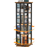 EasyCom 360° Rotating Wood Bookshelf with Metal Frame - 4-Tier Corner Storage for Living Room and Office, Brown EasyCom