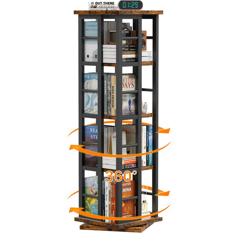 EasyCom 360° Rotating Wood Bookshelf with Metal Frame - 4-Tier Corner Storage for Living Room and Office, Brown EasyCom
