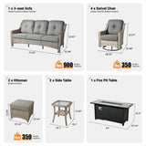 ovios Outdoor 10 Piece Patio Furniture with 54in Fire Pit Table,Wicker Coversation Set with Swivel Rocking Chair,Comfy Sectional Deep Sofa with Ottoman for Outside Porch Balcony Backyard,Dark Grey ovios