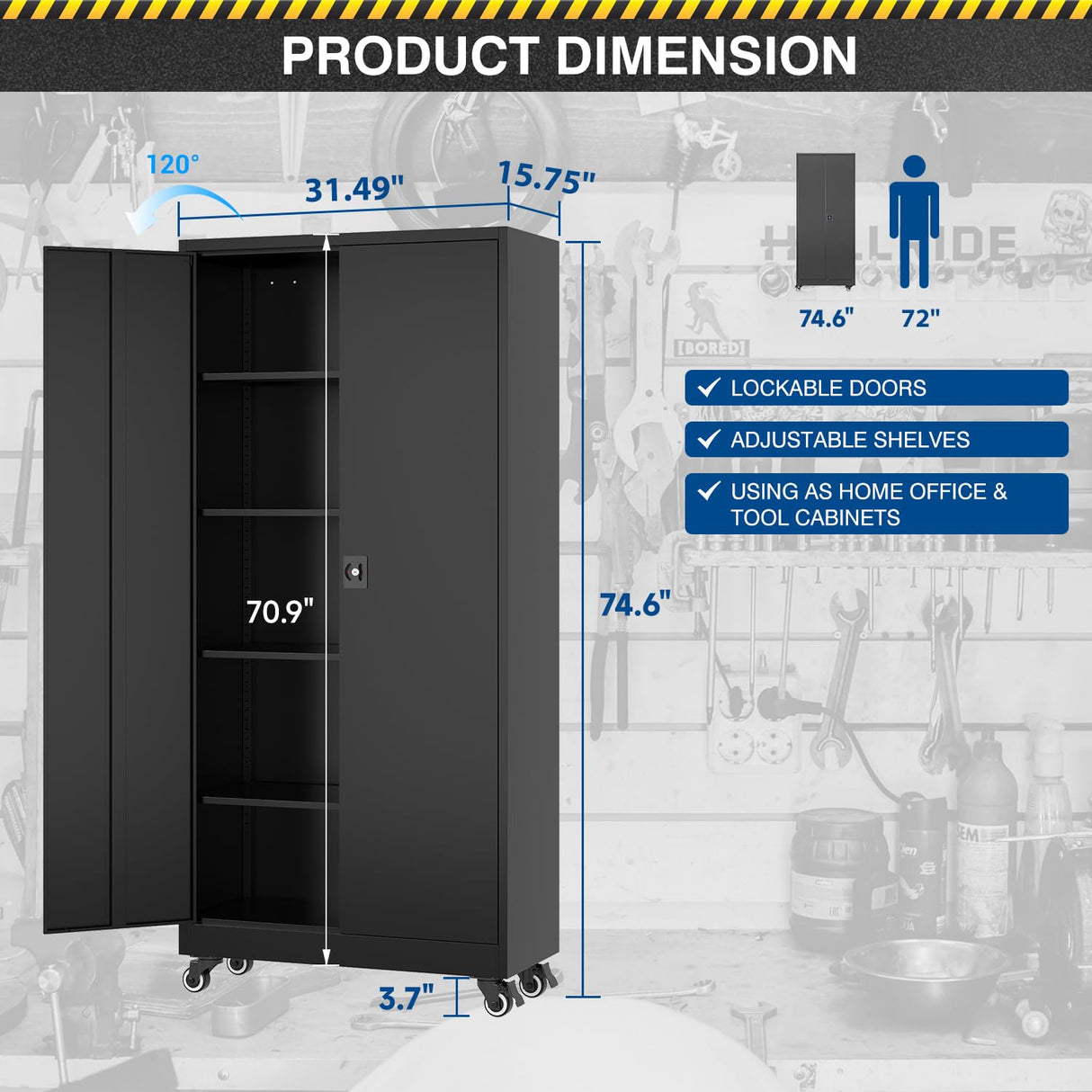 Fesbos Metal Rolling Storage Cabinet-74.6” Tall Steel File Cabinets with Wheels Lockable Doors and Adjustable Shelves-Black Steel Storage Cabinet for Home, School, Office, Garage Fesbos