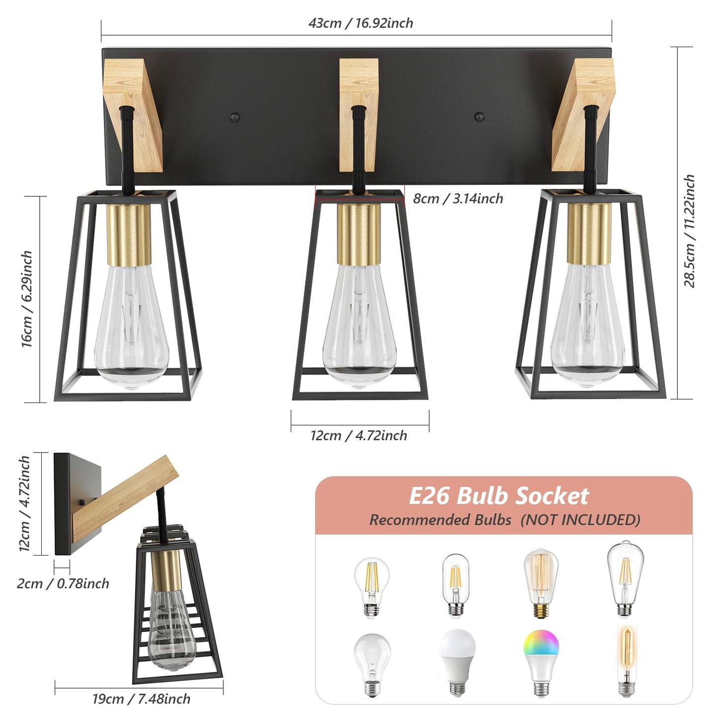 3 Light Bathroom Vanity Light - Wood Bathroom Lighting Fixtures Over Mirror Farmhouse Bathroom Vanity Light Fixtures Metal Cage Wall Sconce Black Wall Lamp for Hallway Bedroom - WoodArtSupply