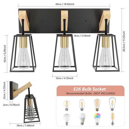 3 Light Bathroom Vanity Light - Wood Bathroom Lighting Fixtures Over Mirror Farmhouse Bathroom Vanity Light Fixtures Metal Cage Wall Sconce Black Wall Lamp for Hallway Bedroom - WoodArtSupply