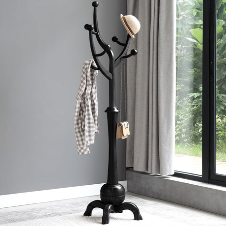 Heavy Duty Coat Rack Freestanding Wood Tree Rack with 8 Hooks, Unique Design Tree Branch-look, Premium Coat Tree Clothes Hanger Stand with Sphere Base for Entryway, Hallway, Bedroom-Load 160lbs Black Bekrvio