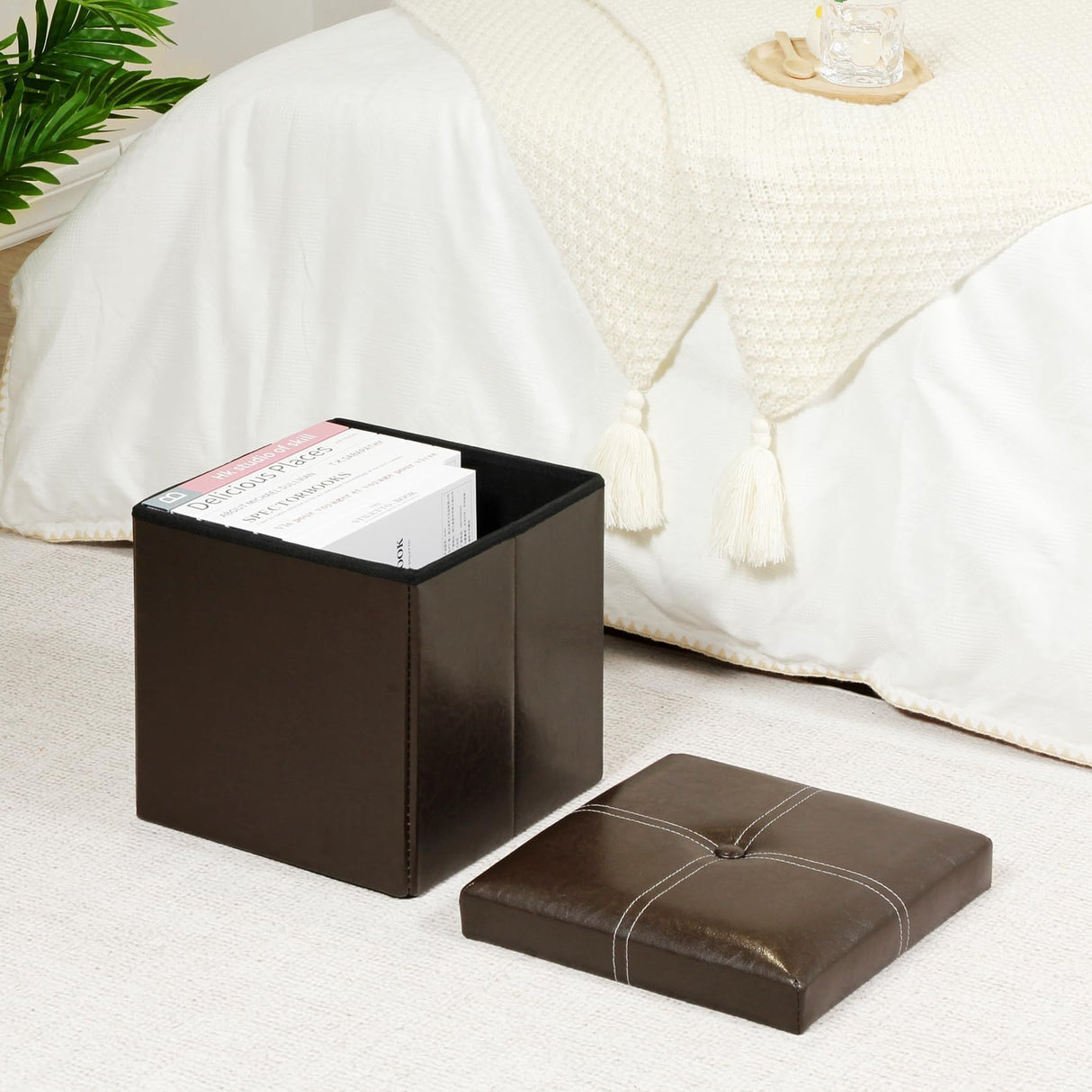 B FSOBEIIALEO Folding Storage Ottoman Cube, Faux Leather Footrest Seat Coffee Table, Brown 11.8"x11.8"x11.8" B FSOBEIIALEO