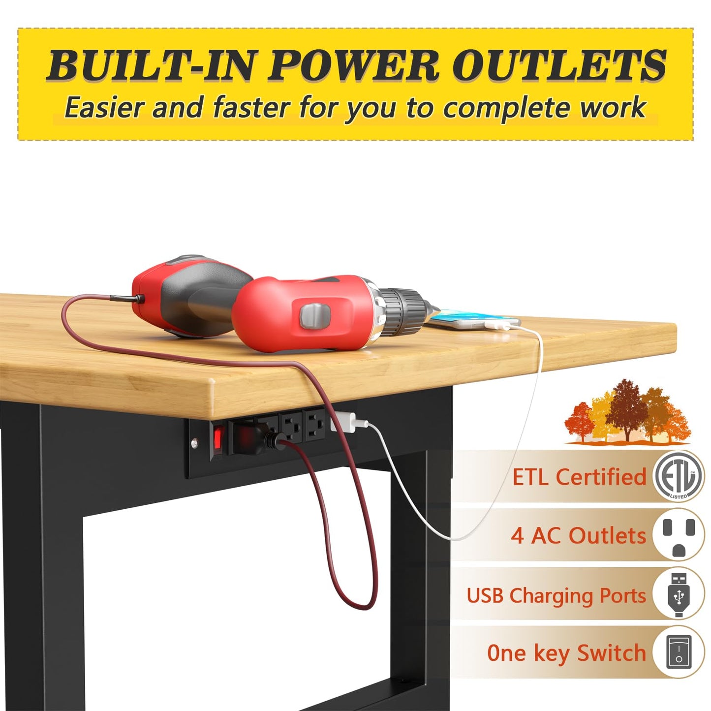 60" Adjustable Heavy Duty Work Bench with Drawers, Rubber Wood Top Workbench, Rolling Worktable with Power Outlet and Wheels, 2200 Lbs Capacity Hardwood Workstation for Garage, Workshop, Offi - WoodArtSupply