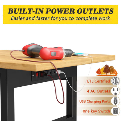 60" Adjustable Heavy Duty Work Bench with Drawers, Rubber Wood Top Workbench, Rolling Worktable with Power Outlet and Wheels, 2200 Lbs Capacity Hardwood Workstation for Garage, Workshop, Offi - WoodArtSupply