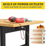 48" Adjustable Height Heavy Duty Workbench Rubber Wood Top Rolling Work Bench with Power Outlet Drawers and Wheels 2200 Lbs Capacity Hardwood Worktable for Garage, Workshop, Office, Home OAKANDO