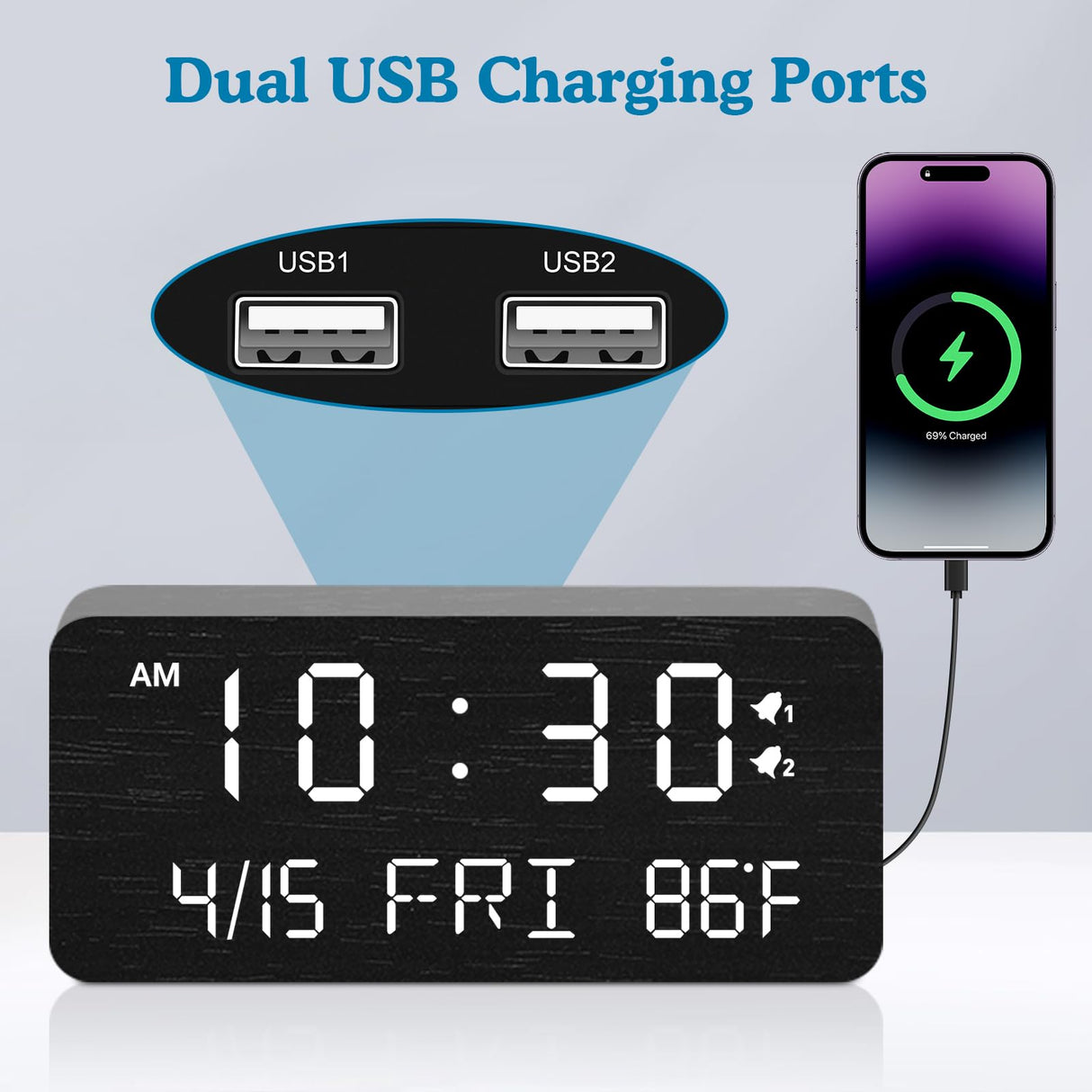 Andoolex Wooden Digital Alarm Clock with Wireless Charging, 0-100% Adjustable Brightness Dimmer and Alarm Volume, Weekday/Weekend Mode, Dual Alarm, Snooze, 12/24H, Wood LED Clock for Bedroom (Black) Andoolex