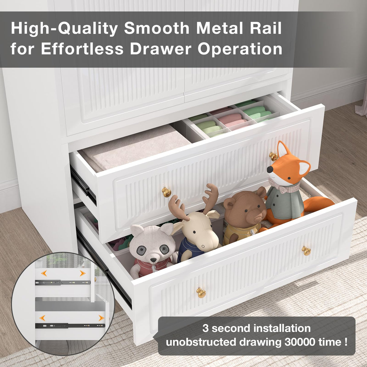 Wardrobe Closet with 2 Door & 2 Drawer, 71" White Bedroom Wooden Armoire with Hanging Rod, Freestanding Large Capacity Clothing Wardrobe Cabinet w/Gold Handles for Bedroom Buenhomino