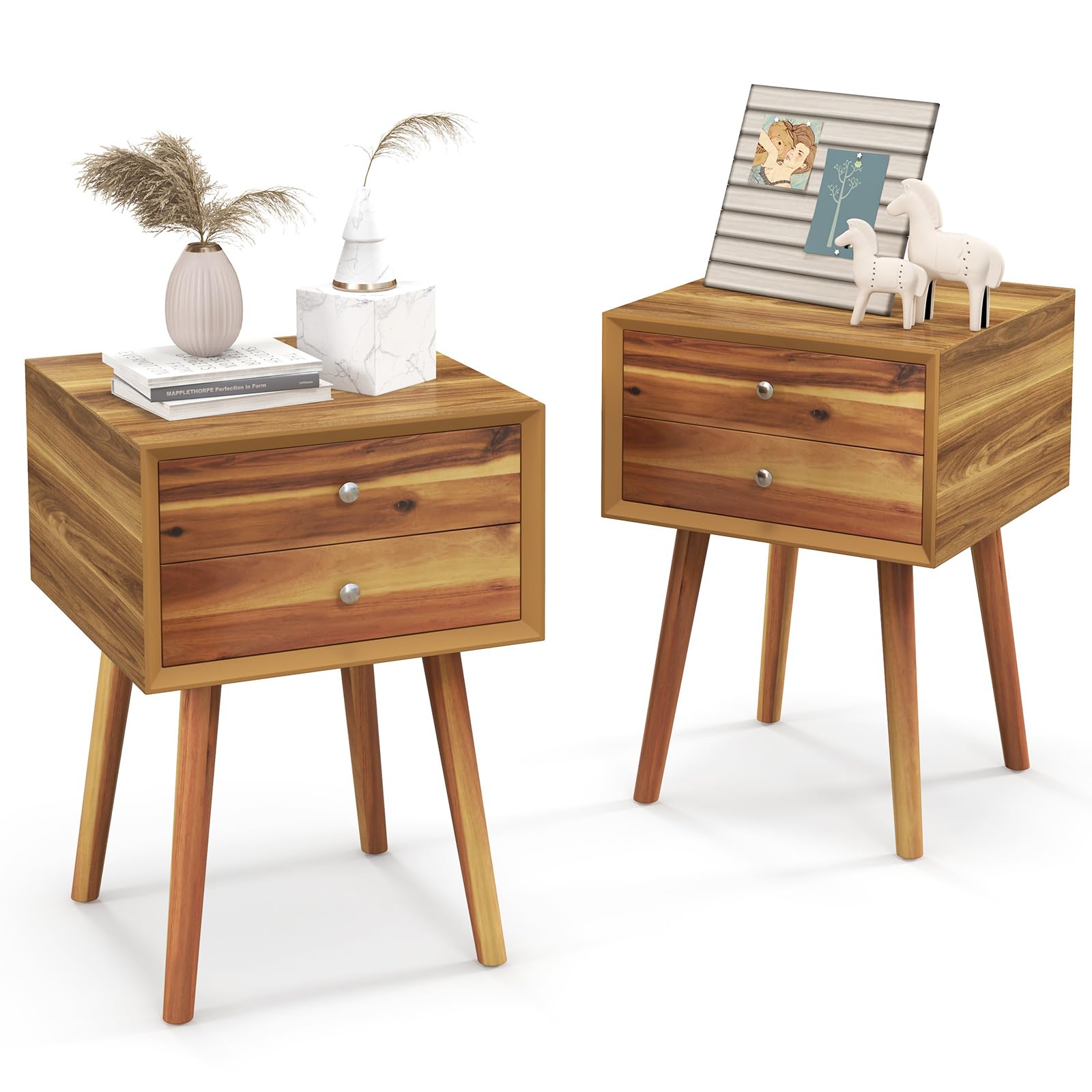 Giantex Nightstand with 2 Drawers Set of 2, Mid Century Modern Bedside Table with Solid Wood Legs, Practical End Side Table for Living Room Bedroom Small Space, Night Stand, Walnut - WoodArtSupply