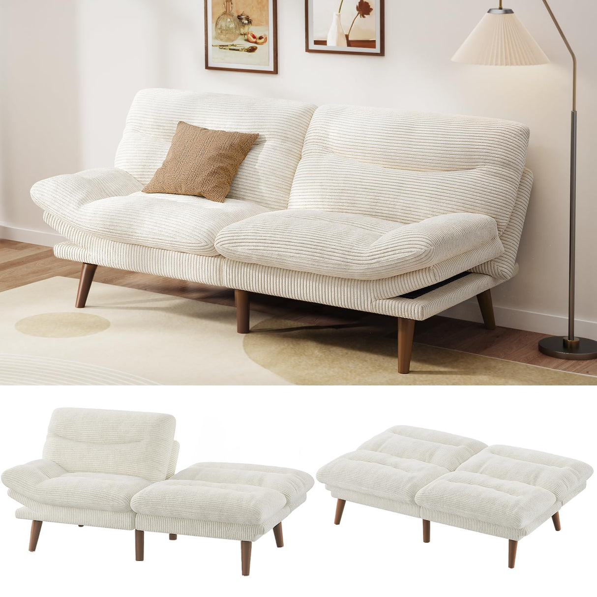 Pipishell Convertible Futon Sofa Couch, Corduroy Futon with Adjustable Backrest and Armrests, Futon Sofa Bed for Small Apartments, Living Room or Office(White) Pipishell