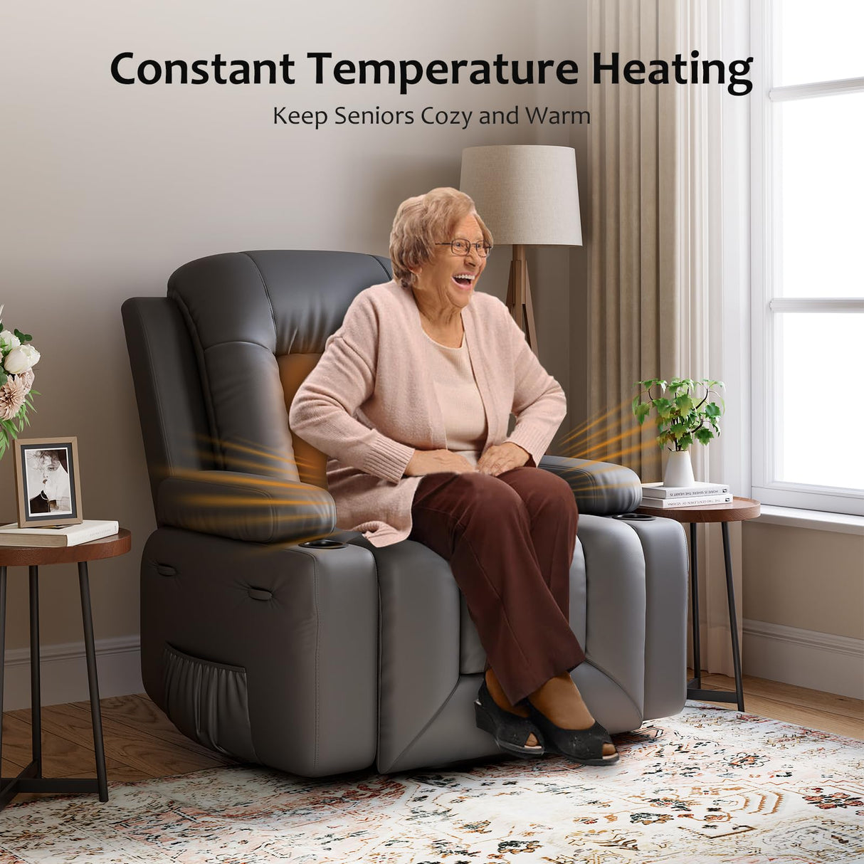 GarveeHome Faux Leather Power Lift Recliner Chair for Elderly, Lift Assist Recliner for Seniors with Heat and Massage Function, Reclining Sofa w/Pockets and Cup Holders CF8008 (Gray, Medium) GarveeHome