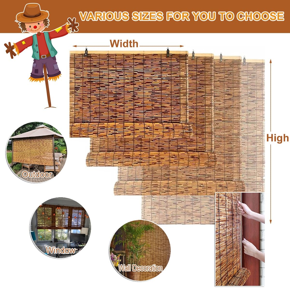 Bamboo Roller Blinds for Living Room Windows, Sun Bamboo Window Blind 15" 20" 22" 24" 26" 28" 30" 32" 34" 36" 38" 40" 42" 44" 46" 48" 50" 52" 57" 62" 67" 72" Roll-up Shade Customizable Cordless Cocoa WoodArtSupply