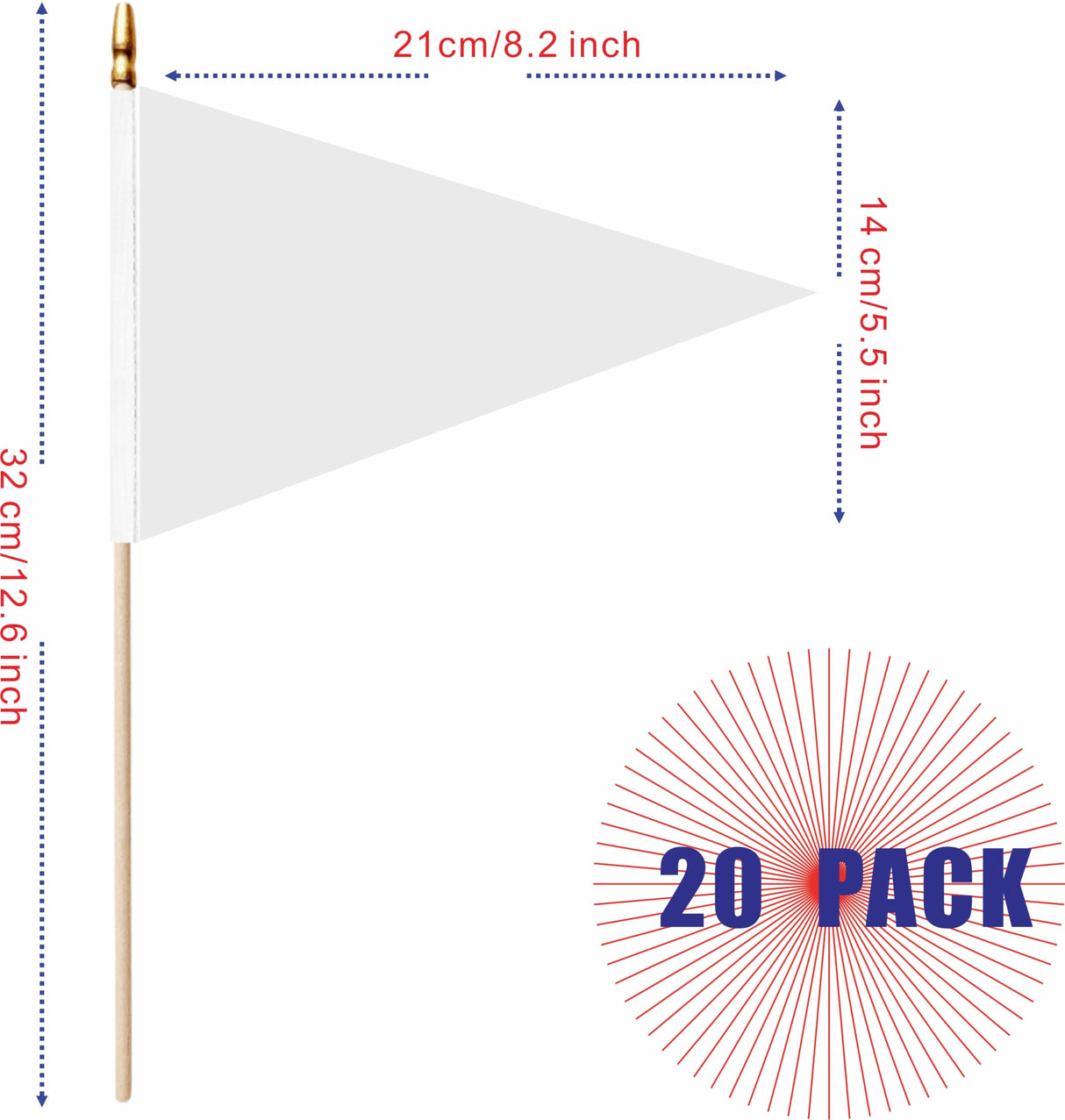 LUSEOAN 20 Pack White Mini Pennant Wood Stick Sublimation Flag Set - 5x8 Inch Solid Color Blank Hand Held Small Miniature Triangle Plain Flags for DIY Graffiti,School,Kids Birthday,Grand Opening LUSEOAN