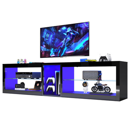 81in Long LED TV Stands W/Power Outlet for 70 80 85 90Inch TV,Black Entertainment Center W/70000-Colors Lights,High Gloss LED TV Console w/Adjustable Glass Shelves for Living Room Gameroom