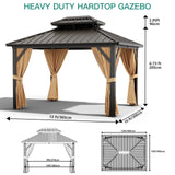 GarveeLife 10x12ft Double Roof Hardtop Gazebo, Heavy Duty Galvanised Steel Hardtop Pavilion with Nettings and Curtains, Metal Roof Gazebo for Patio, Terrace, Lawn and Deck, Brown GarveeLife