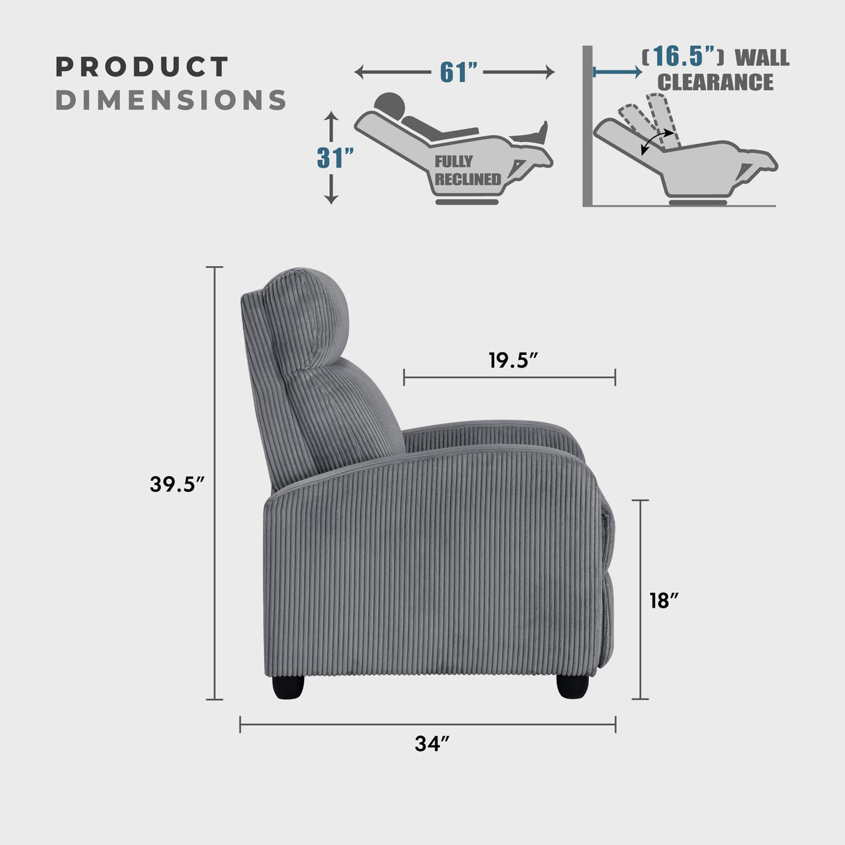 Lexicon Pushback Recliner Chair Armchair Push Back Recliner, Corduroy Chair with Solid Wood Frame and Metal Seat Base, Single Sofa Accent Chair for Living Room/Office/Apartment, Dark Grey Lexicon