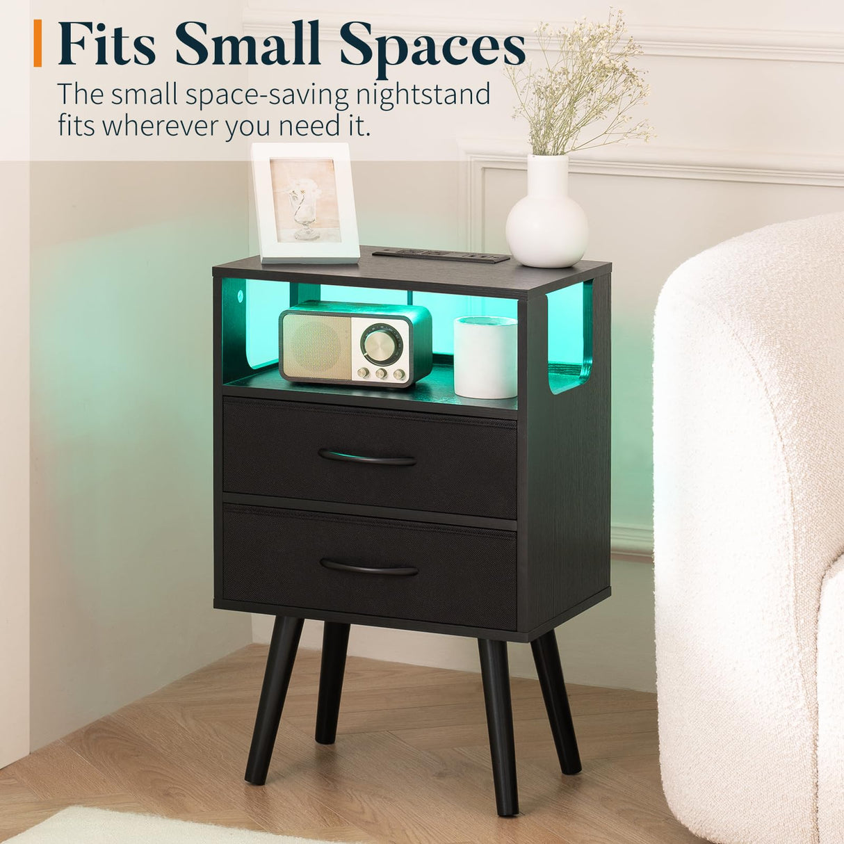 Yoobure LED Night Stand with Charger Station, Mid Century Modern Nightstand with Fabric Drawers, Bedside Table Nightstands with Storage Shelf, Bed Side Table Small Night Stands for Bedroom Living Room Yoobure