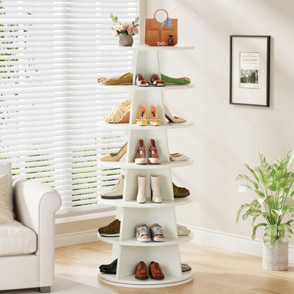 Tribesigns Rotating Shoe Rack, 7-Tier Revolving 24 Pairs Shoe Storage Shelf Tower, Modern Free Standing Wood Space-Saving 360° Spinning Shoe Organizer, Lazy Susan Shoe Rack for Entryway, Whit - WoodArtSupply