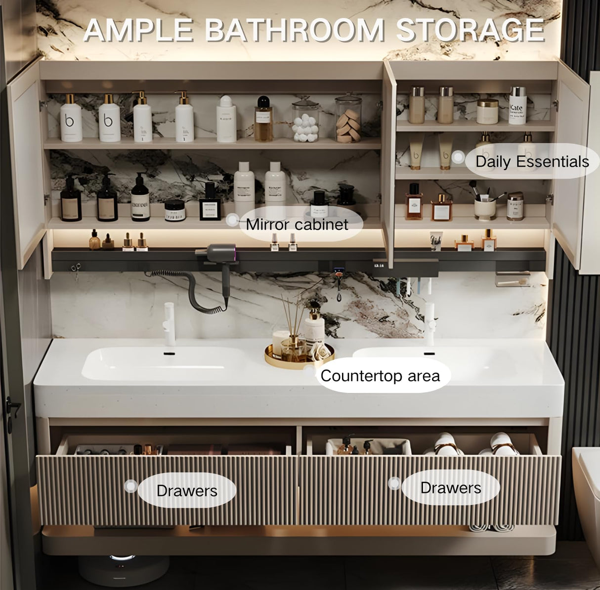 Bathroom Vanity with Double Sink, 60" Modern Bathroom Vanity Cabinet with Anti-Fog LED Mirror Cabinet, Solid Wood Floating Vanities with Dual Sink, Wall Mounted Bathroom Sink Vanity - Black Striped LUTHXAY