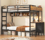 VIAGDO Bunk Bed Twin Over Twin with Charging Station and LED Lights, Heavy Duty Metal Bunk Bed with Desk and 3 Storage Drawers, Utility Storage Shelf and Boxes, No Box Spring Needed, Black VIAGDO
