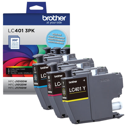 Brother Genuine LC401 Standard Yield 3-Pack Ink Cartridges â€“ Includes 1 Cartridge Each of Cyan, Magenta and Yellow , 3 Count (Pack of 1)