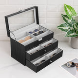 Oyydecor Sunglasses Organizer for Women Men, 3-layer 18 Slots Glasses Case Sunglass Eyeglasses Collector Eyewear Display Storage Box with Drawer Clear Glass Top, Carbon Fiber, Black Oyydecor